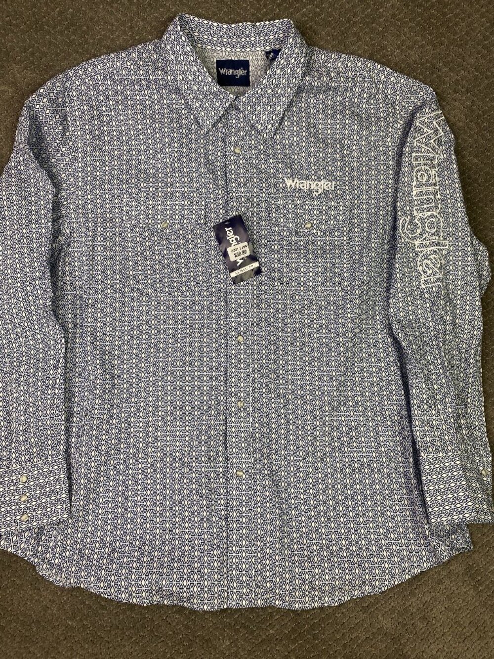Wrangler Western Pearl Snap Shirt Mens XL Blue White Embroidered Spell Out Logoi